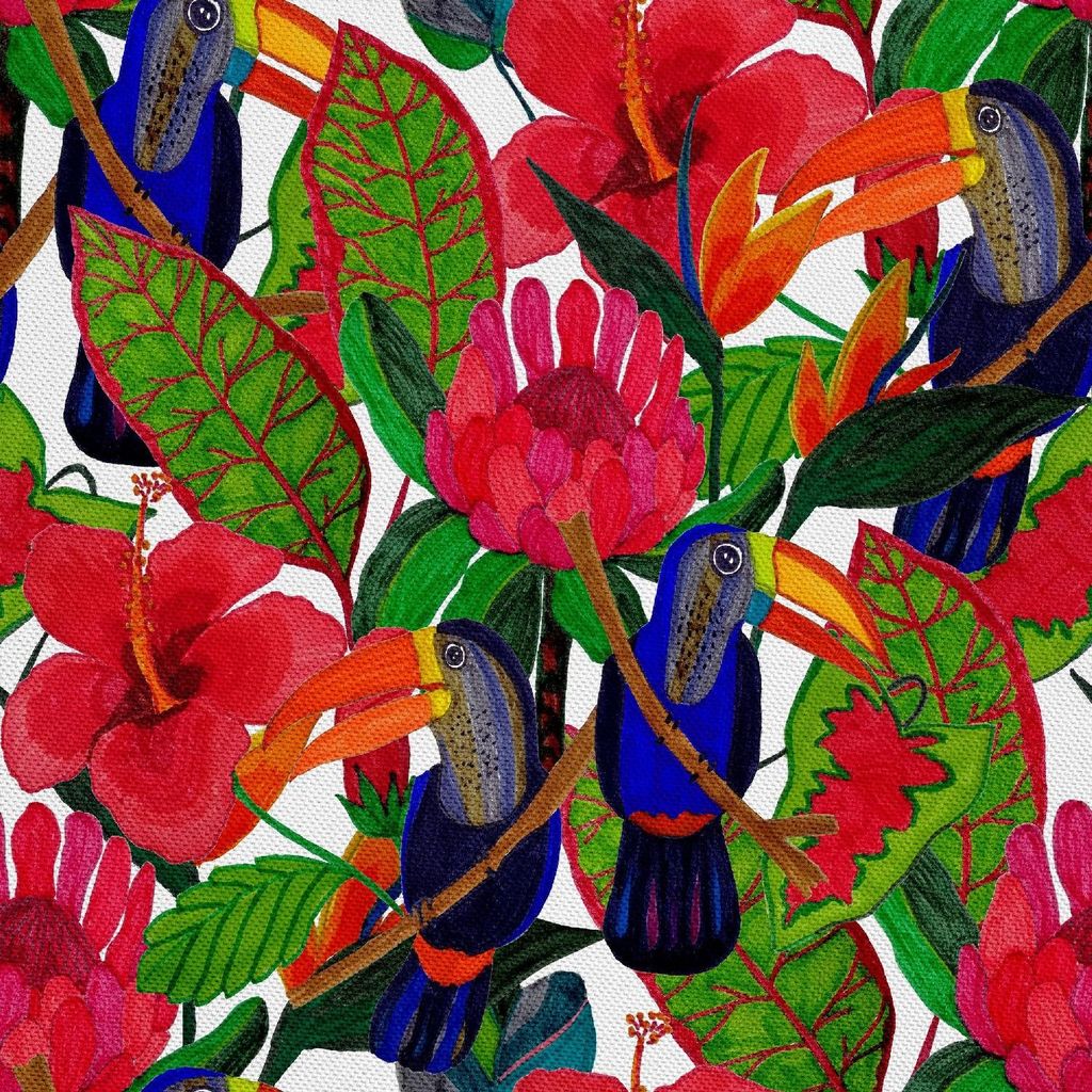 OUTDOOR DEKOSTOFFE OXFORD - Motiv gemalte Blumen und Tukane