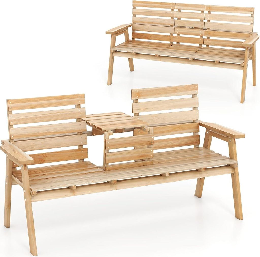 GOPLUS Gartenbank mit klappbarem Tisch, Sitzbank 2-3 Sitzer, Balkonbank mit Armlehnen & Rückenlehne, bis 320kg belastbar, Natur