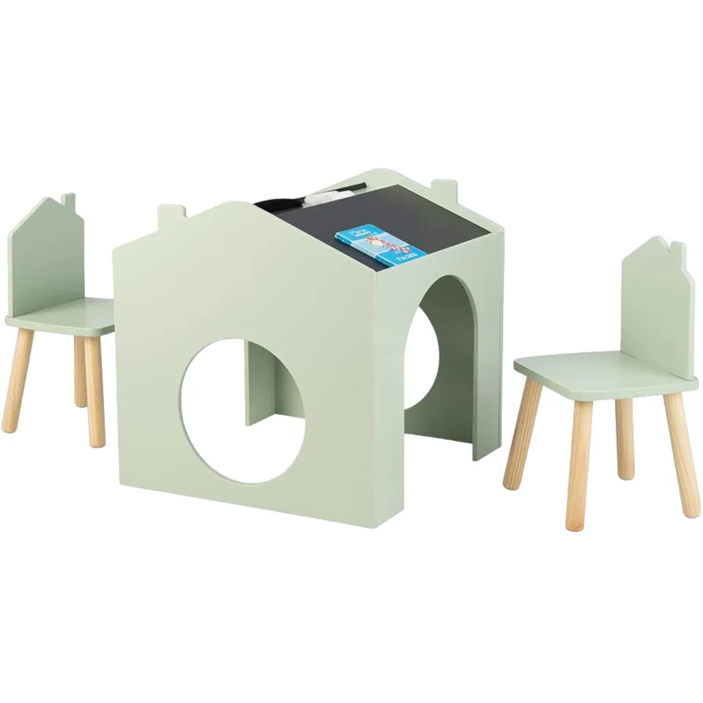 Ensemble mobilier enfant table et 2 chaises en bois avec tableau noir