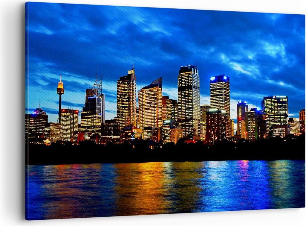 Bild auf Leinwand - Leinwandbild - Australien Nacht Stadt Wolkenkratzer - 100x70cm - Wand Bild - Wanddeko - Leinwanddruck - Bilder - Kunstdruck - L...