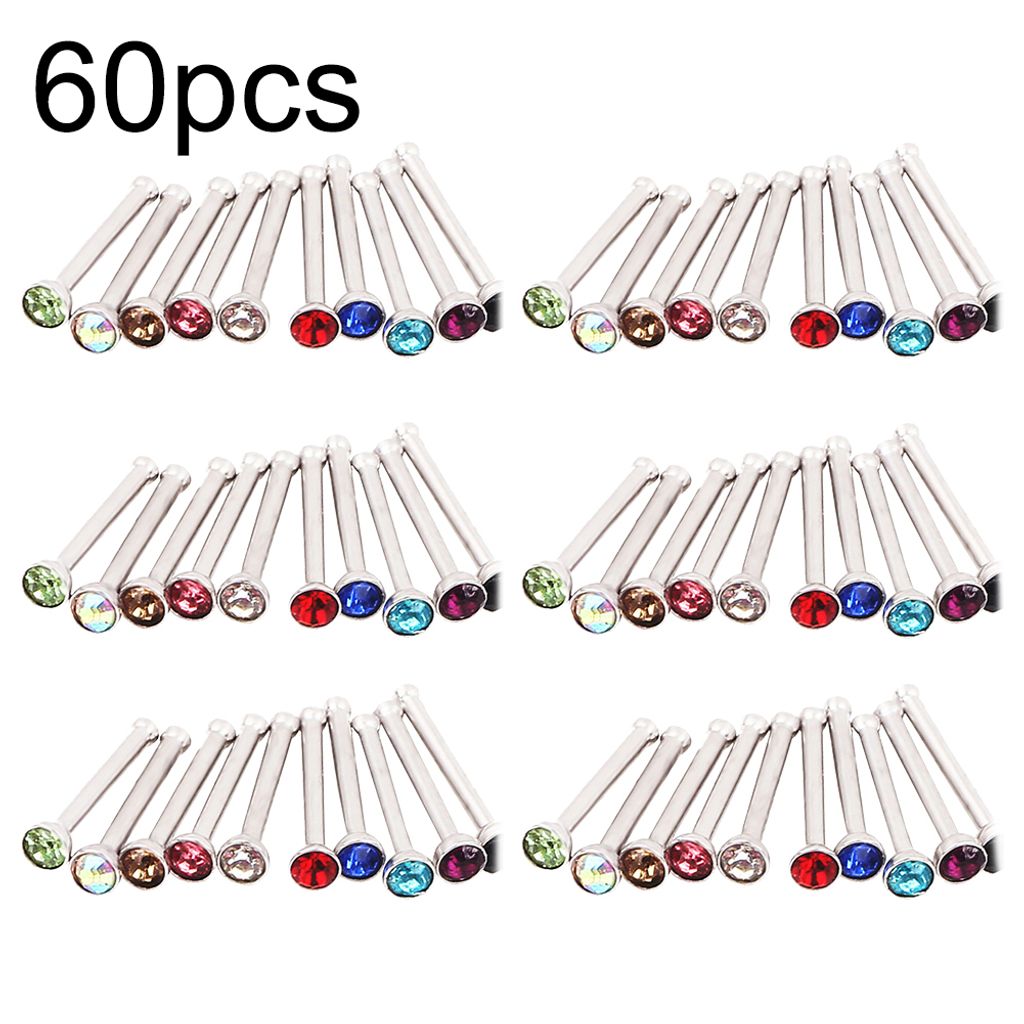 60 Teile/satz Gemischte Farbe Strass Edelstahl Nasenstecker Piercing Schmuck