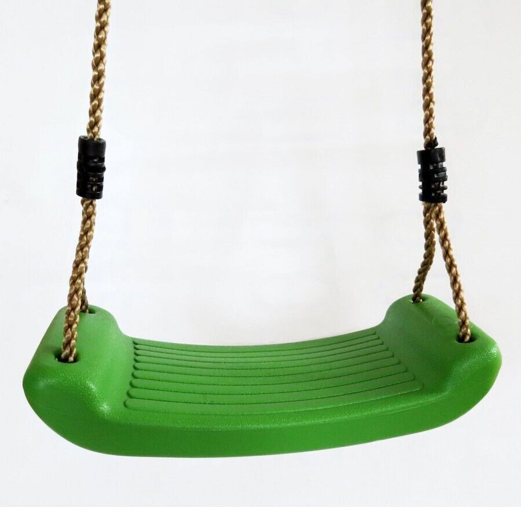 A green plastic swing seat with rope hangers against a white background.
