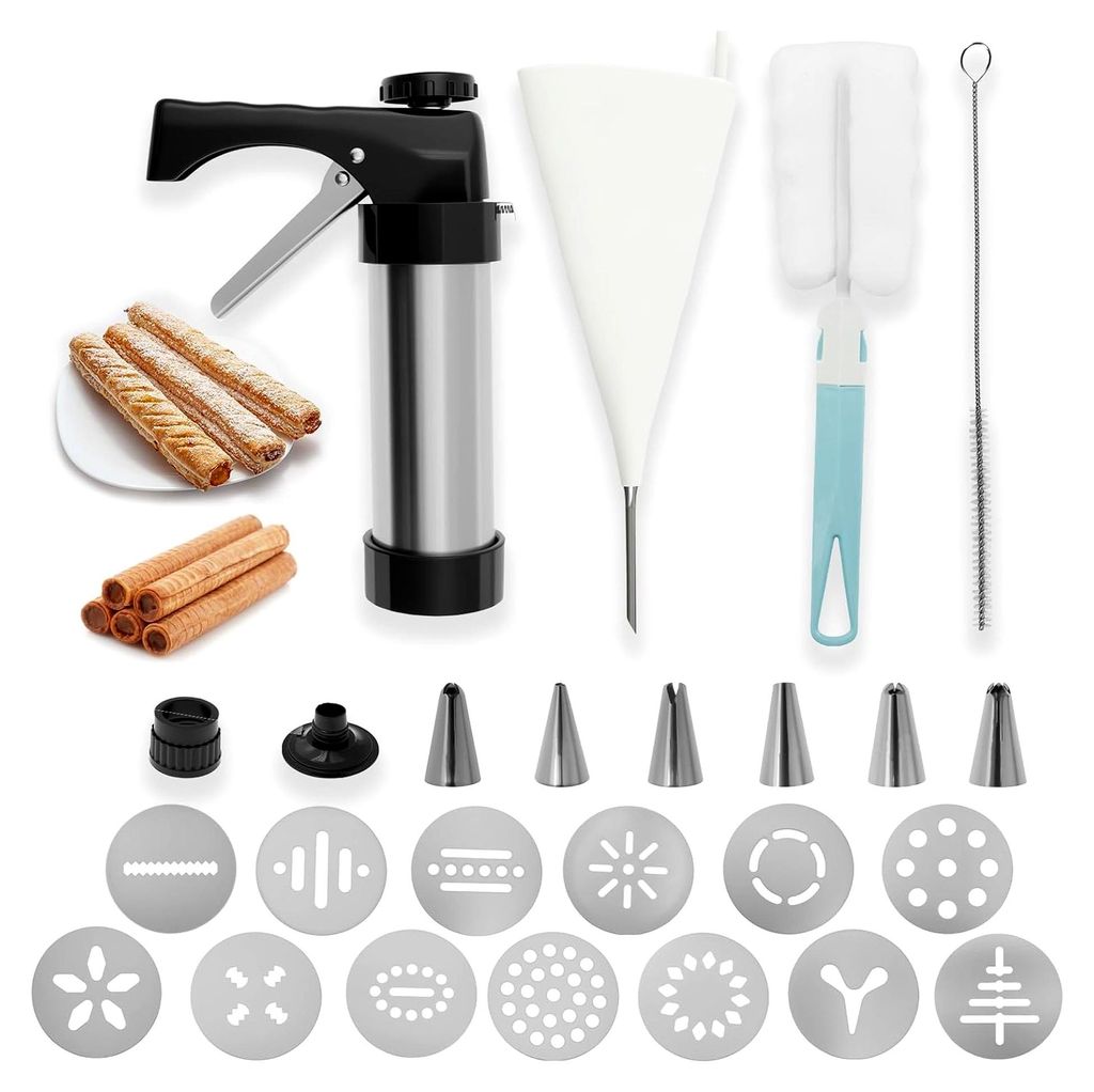 Churro Maker,Kekspresse Edelstahl,Ergonomischer Griff,Tortenspritze Garnierspritze mit Ausguss und Ausgießer für Donuts,Kekse und Cupcakes(A)