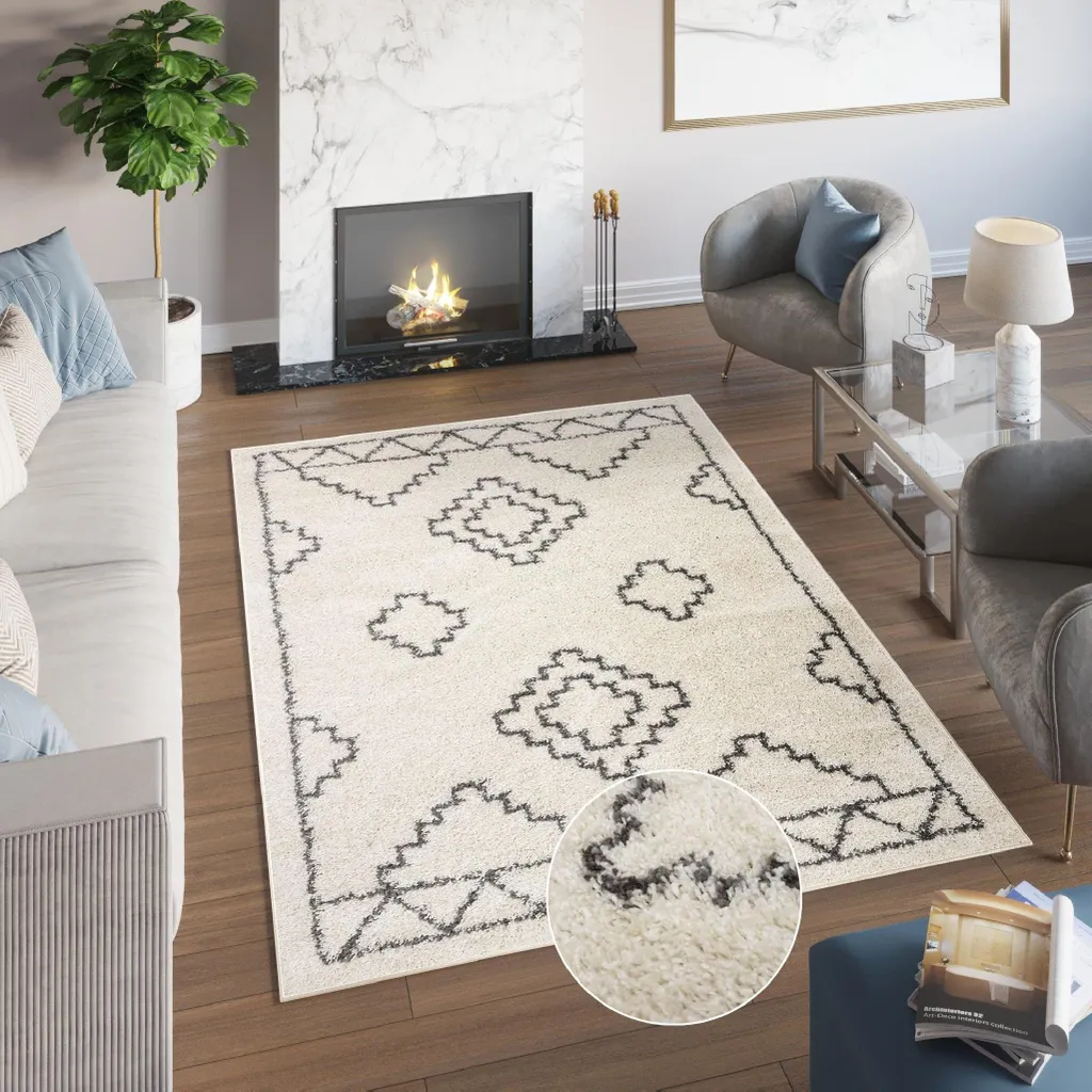 Tapis velours haut shaggy 160x220 cm design gris crème ultra doux