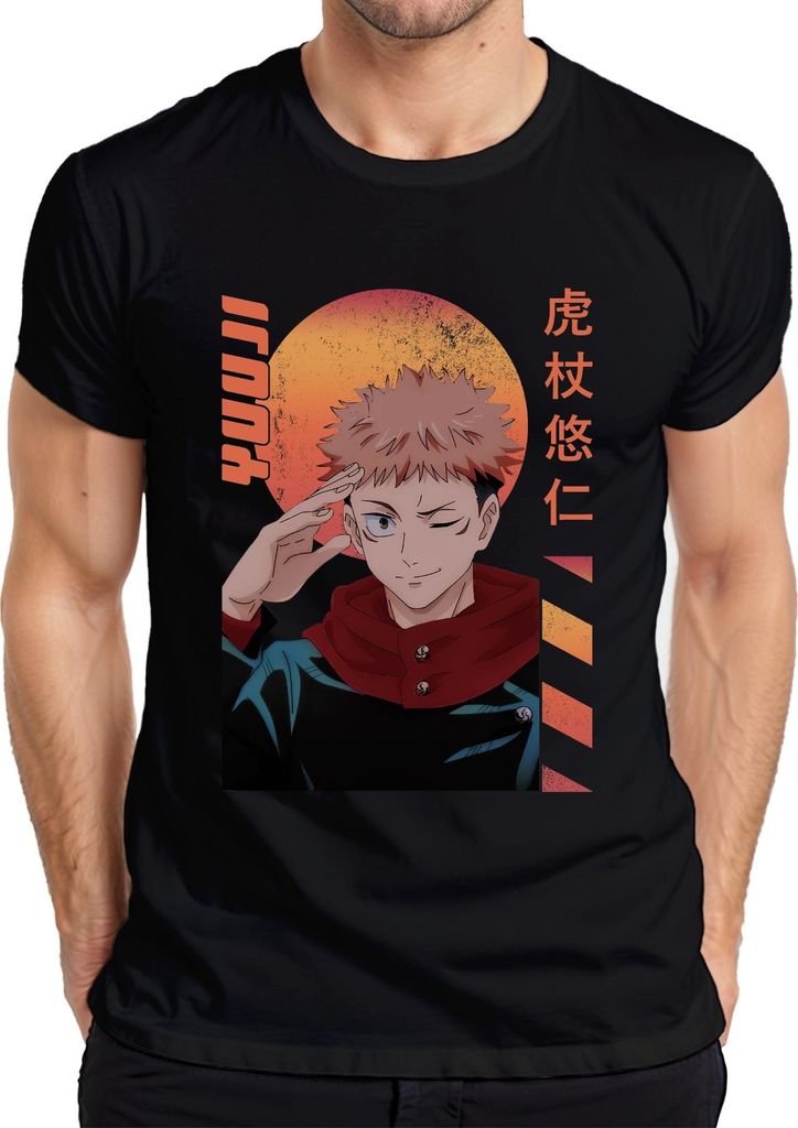 Jujutsu Kaisen Itadori Yuji zwinkernd Anime Geschenk Retro Herren T-Shirt, Schwarz, 3XL