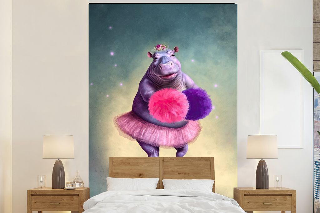 MuchoWow Fototapete für Wohnzimmer oder Schlafzimmer Wandtapete Vinyl Motivtapete Nilpferd - Blumen - Ballerina - Pompons - Porträt - Kinder - ...