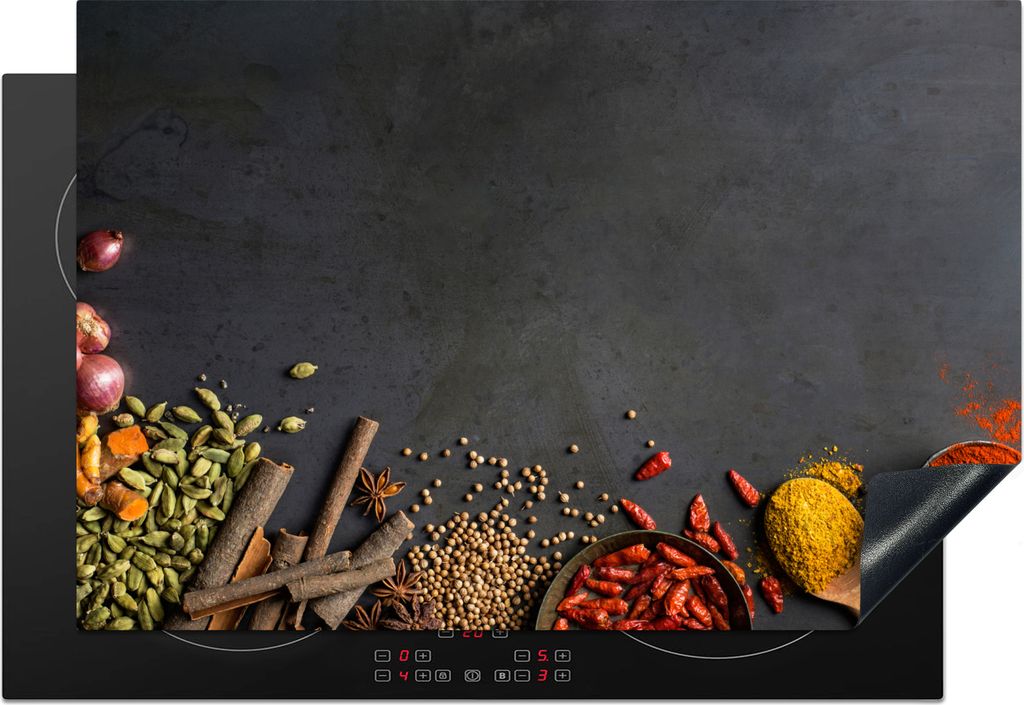 KitchenYeah Herdabdeckplatte Kräuter - Lebensmittel - Gewürze - Schwarz - Paprika - Zimt , 78x52cm, Küche Deko, Glaskeramikfeld Herdabdeckung,...