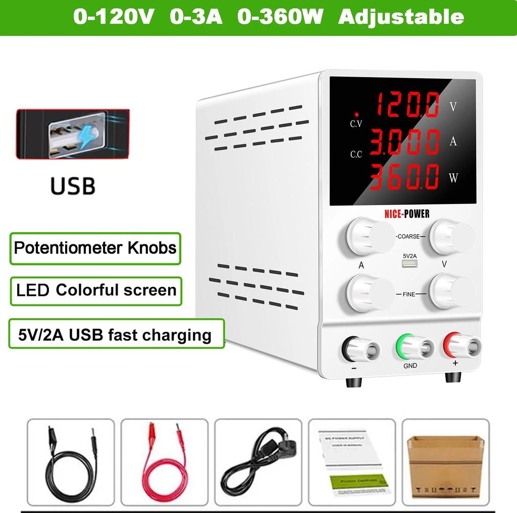 Labornetzgerät - DC Tisch-Netzteil - 0–120V Einstellbar - 0–3A - 360W - CV/CC - LED-Display - USB 5V 2A - Silber