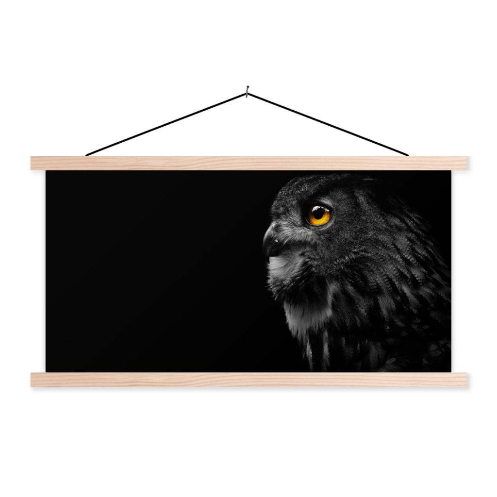 MuchoWow Textilposter Eule - Vogel - Schwarz - Porträt 120x60 cm mit holzfarbenen Rahmen - Klemmleiste