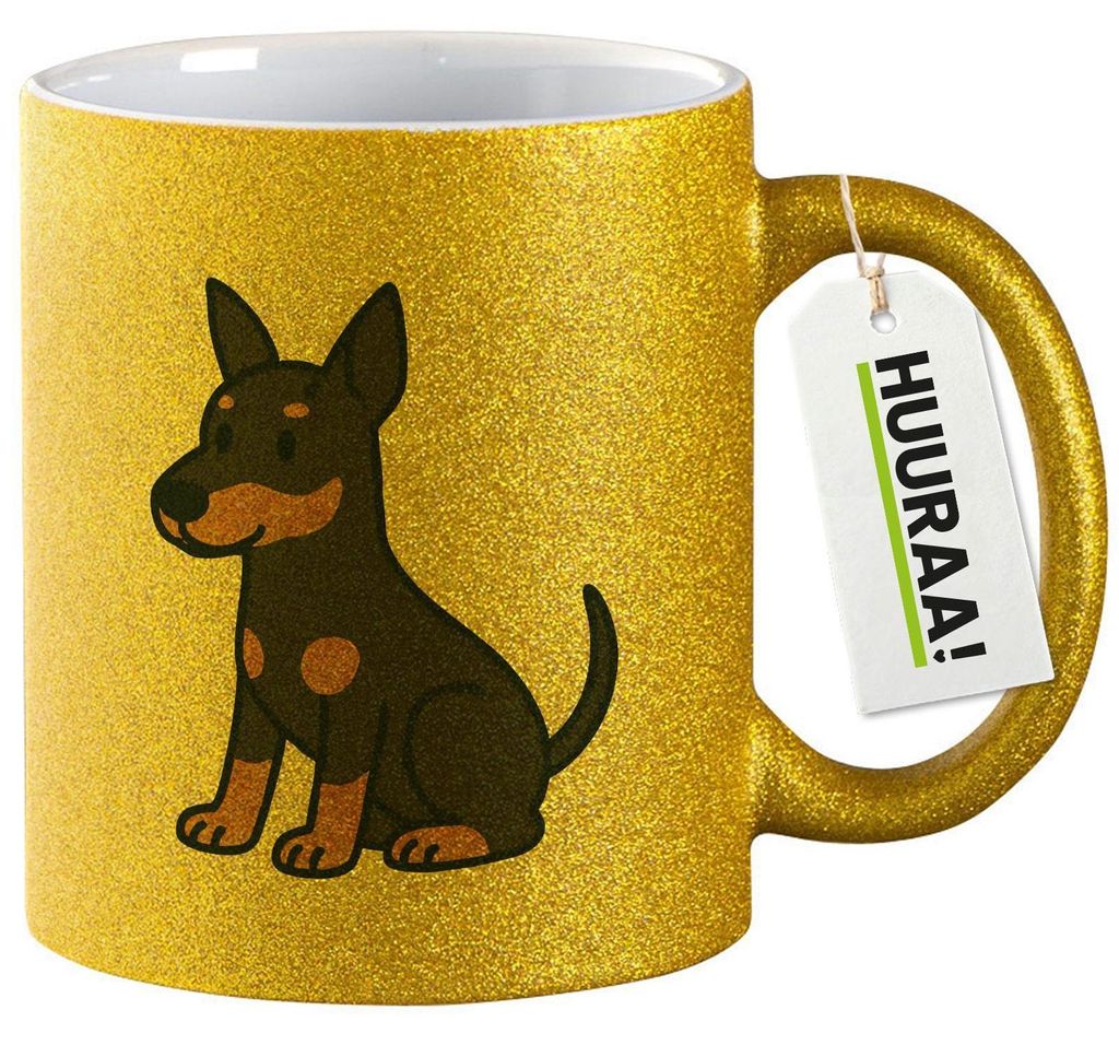 Huuraa Glitzertasse Manchester Terrier Comic Manny 330ml Gold Keramik Kaffeebecher Geschenkidee