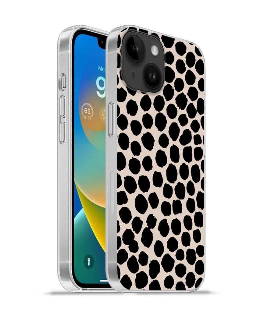 MuchoWow Handyhülle Schutzhülle Hülle für Apple iPhone 14 - Softcase Polka dots - Schwarz - Beige Silikon Softcase Handy Hülle - Mobiltelefo...