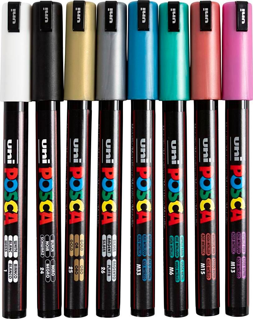 Uni-Posca-Posca-Marker, Größe PC-1MR, Strichstärke 0,7 mm, extrafein, Metallic-Farben, 8 Teile, 1 Box