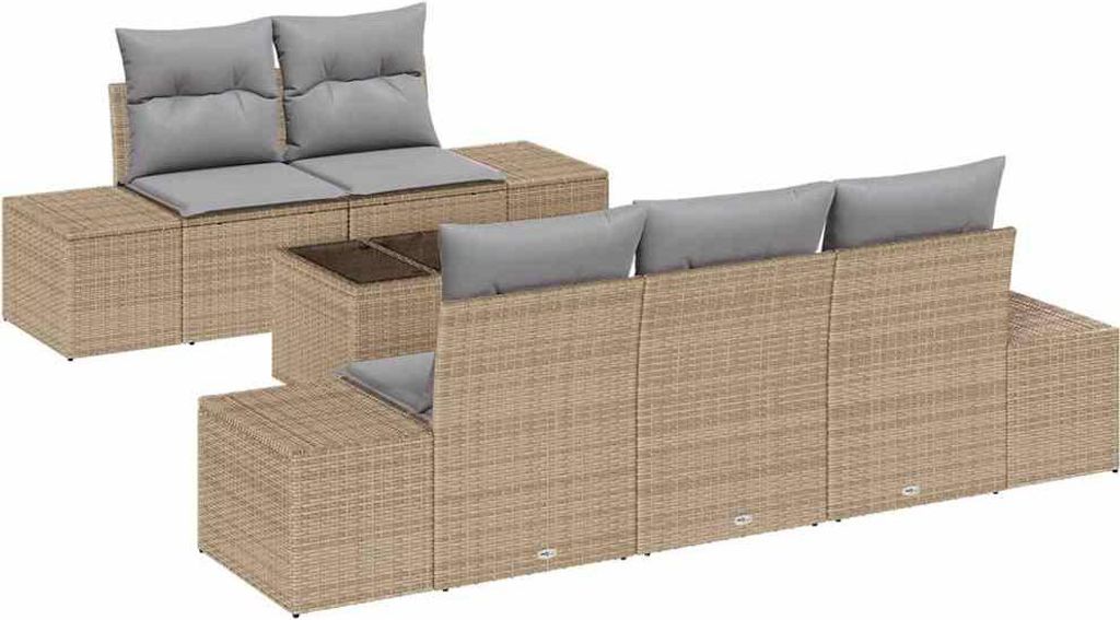 Gartensofa-set mit Kissen 6 pcs Beige und Grau Poly-Rattan