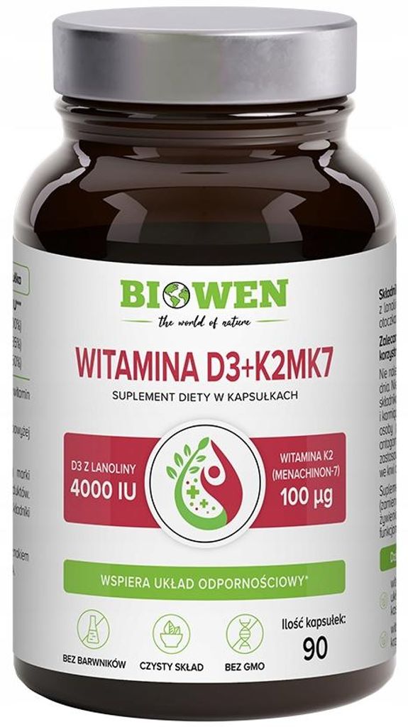 Suplement diety naturalny Biowen D3 K2 MK7 90kaps Witaminy 4000IU odporność