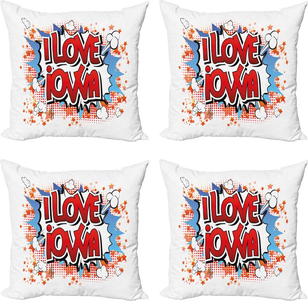ABAKUHAUS Iowa State Kissenbezug Set (4 Stück), I Love Iowa Comic, Moderner Doppelseitiger Digitaldruck, 50 cm x 50 cm, Mehrfarbig