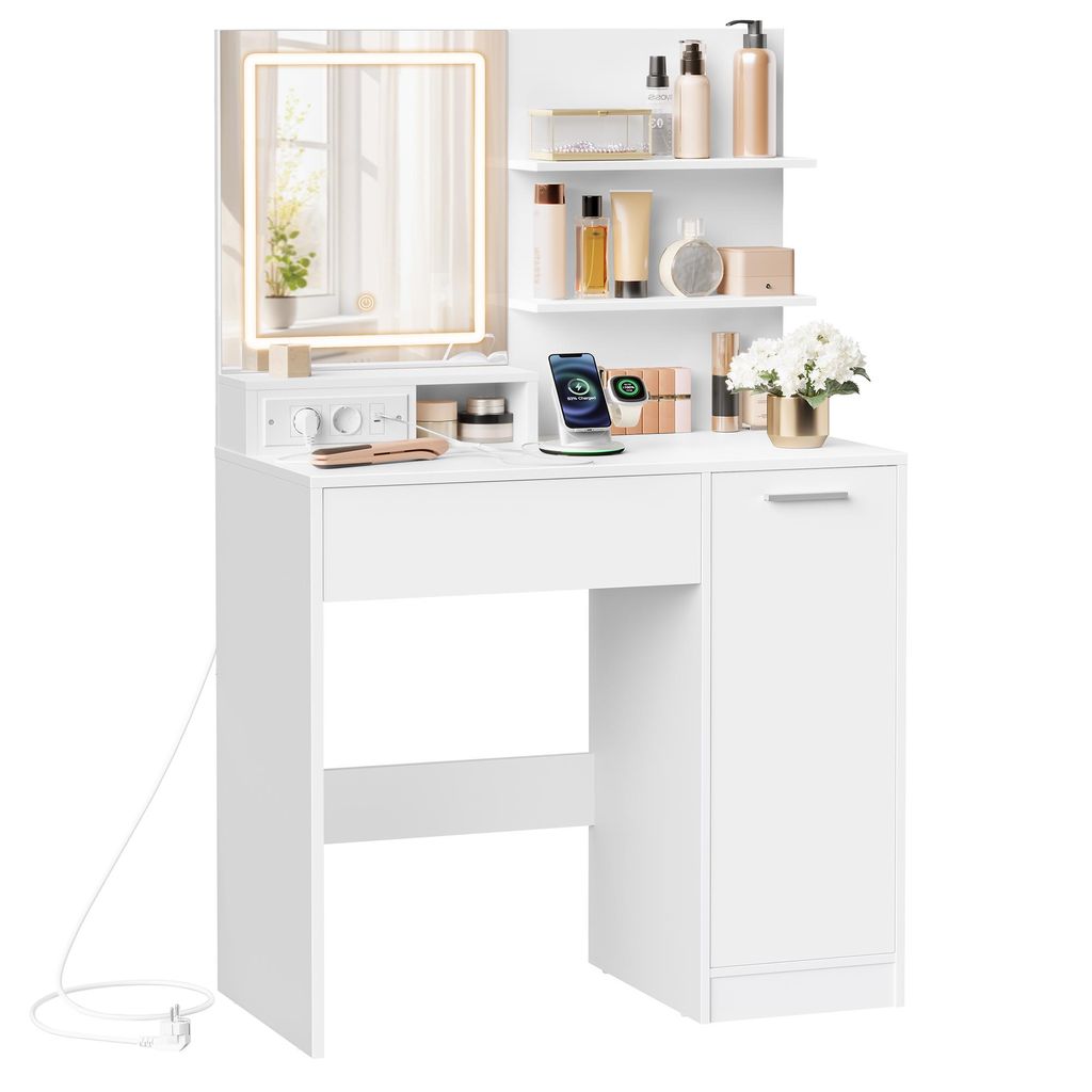 A white vanity table with a lighted mirror, shelves, and storage.