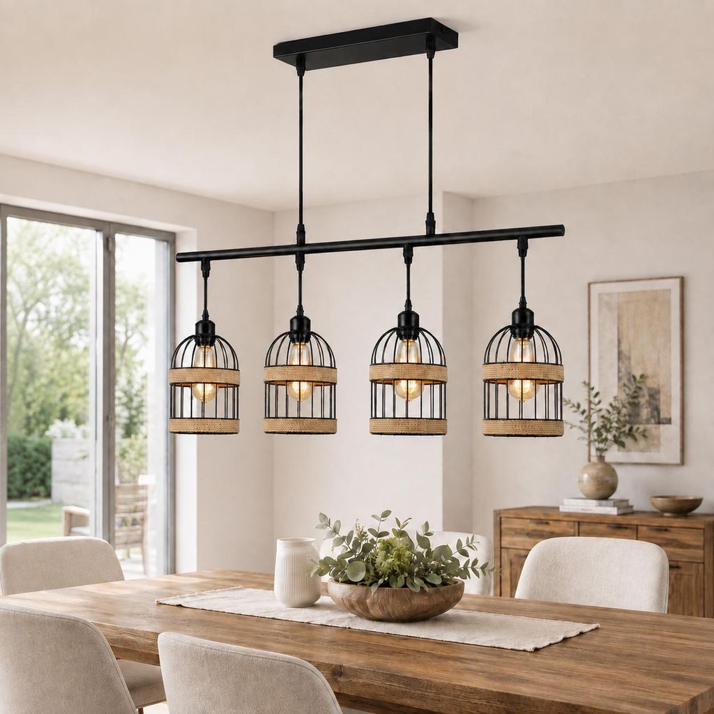Lámpara colgante para comedor, con 4 luces, de ratán. Imagen del producto 