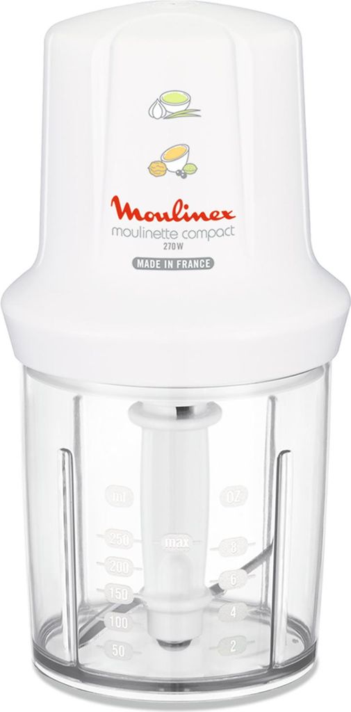 A white Moulinex food chopper on a white background.