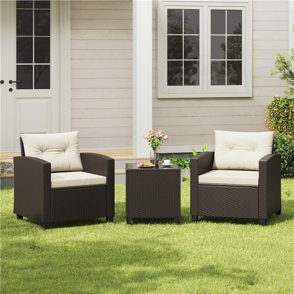 Yaheetech 3-tlg. Gartenmöbel Set aus Polyrattan, inkl. 2 Sessel & Tisch, mit Sitz- & Rückenkissen, Terrasse Sitzgruppe, Lounge Set für Balkon