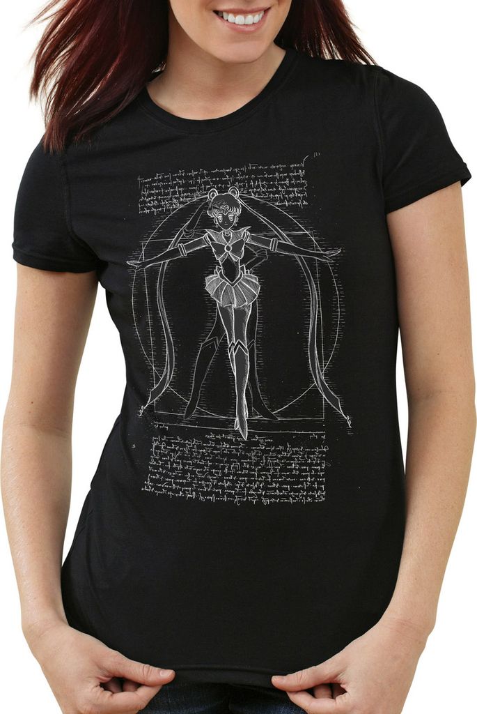 style3 Vitruvianische Bunny Damen T-Shirt sailor mondstein luna moon anime, Farbe:Schwarz, Größe:M