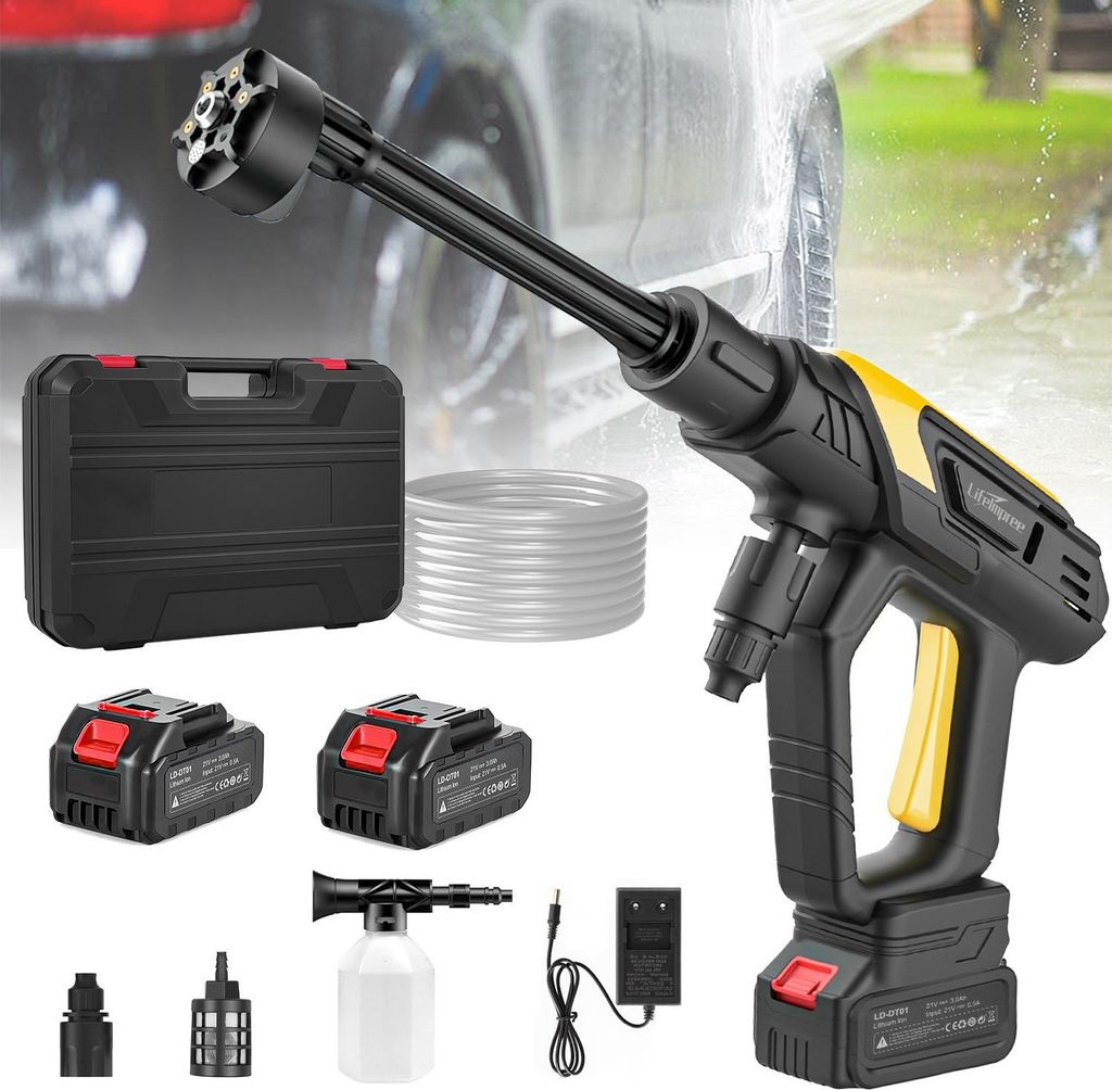 LifeImpree Akku-Hochdruckreiniger, 65 bar Mobiler Druckreiniger Mit 3000mAh Akku, 9-Gang-Modus & Bürstenlosem Motor - LCD Display, 6-in-1 Düse, K...