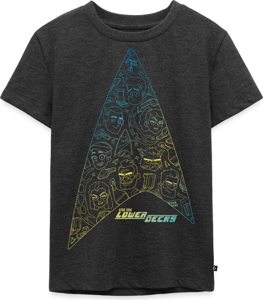 Spreadshirt Star Trek Lower Decks Logo Kinder Premium T-Shirt, 134/140 (8 Jahre), Anthrazit meliert