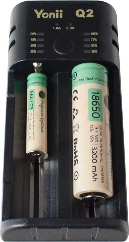 A close-up of a battery charger with two batteries inserted.
