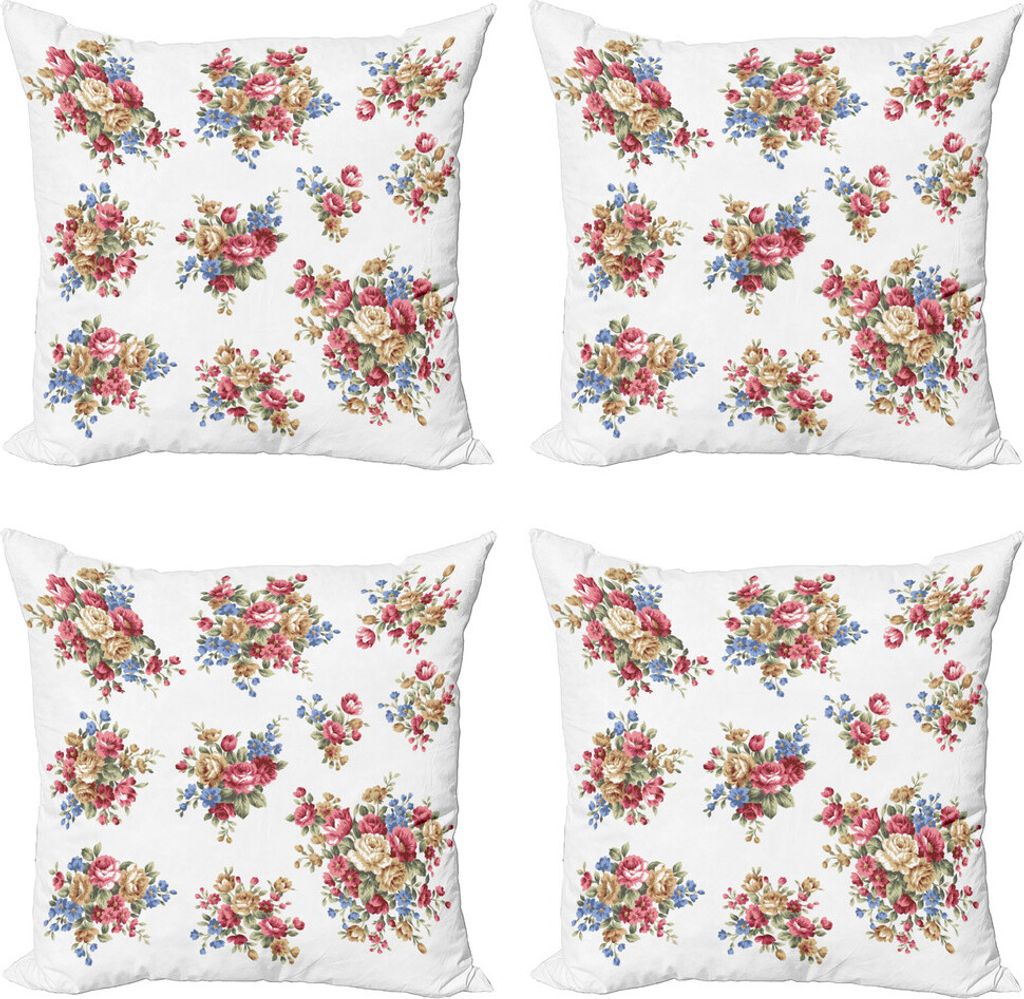 ABAKUHAUS Blumen Kissenbezug Set (4 Stück), Romanze Liebe Hochzeit, Moderner Doppelseitiger Digitaldruck, 40 cm x 40 cm, Dunkel Coral Blue Tan