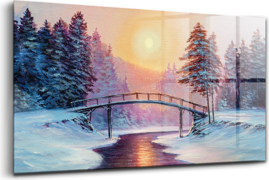 Bilder auf glas - Einteilig - Wanddekoration - Glas Bilder - 120x60 - Wintermalerei Weihnachtsbaum Verschneite Brücke
