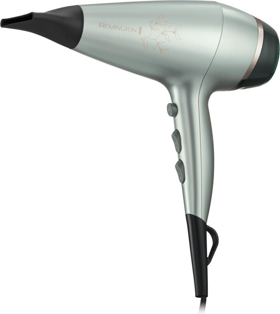 A silver Remington hair dryer with a black nozzle and handle, set against a white background.