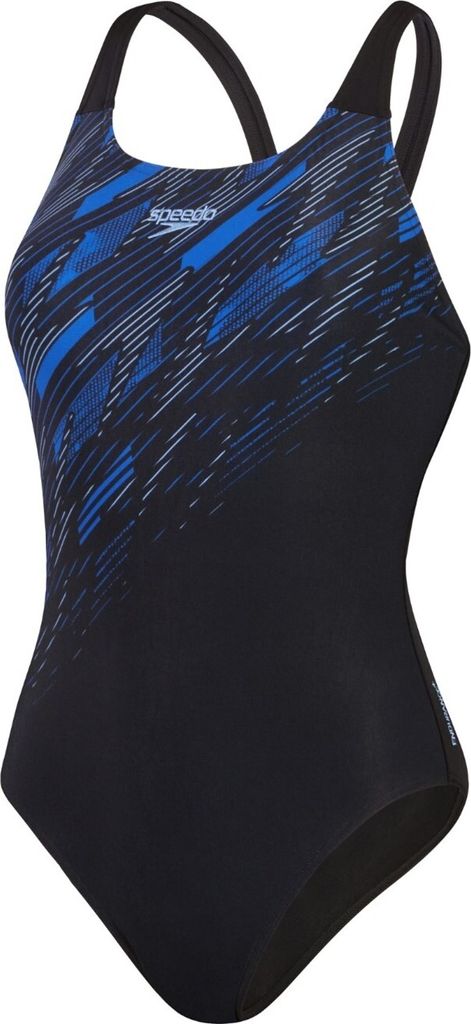 Speedo Hyperboom Placement Muscleback Badeanzug Damen schnelltrocknend und chlorbeständig, Farbe:Schwarz-Blau, Größe:36
