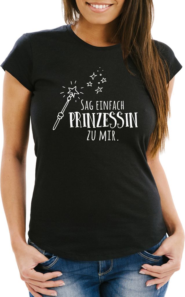 Damen T-Shirt Sag einfach Prinzessin zu mir Slim Fit tailliert Moonworks schwarz L