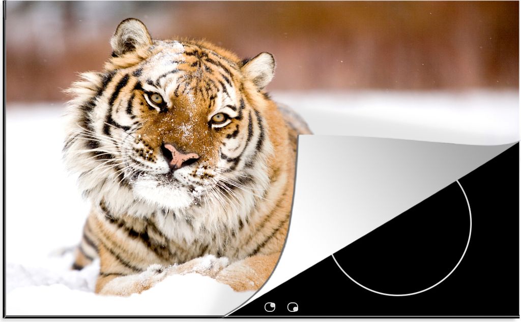 KitchenYeah Herdabdeckplatte Tiger - Schnee - Weiß , 80x52cm, Küche Deko, Glaskeramikfeld Herdabdeckung, Abdeckplatte fùr Kochfeld