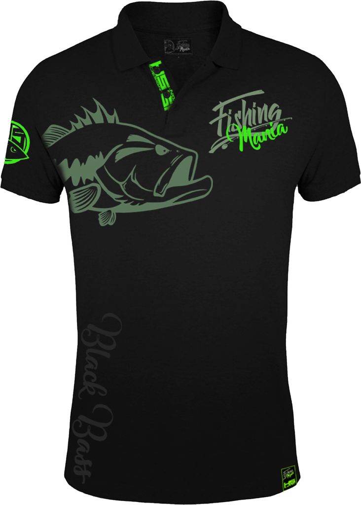 HOTSPOT DESIGN Fishing Mania Bass Mania, XXL, schwarz-grün, Barschangler Poloshirt, 010200705