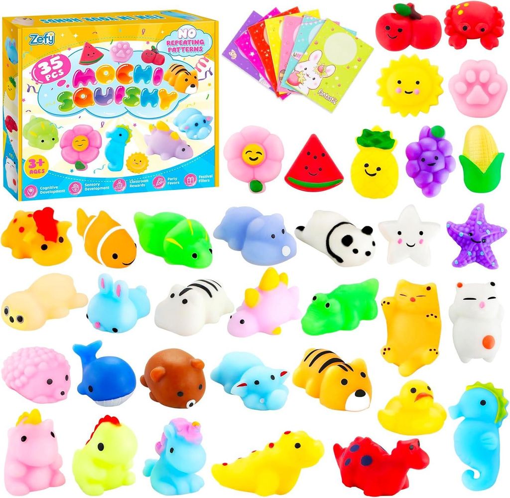 35 Stück Squishy mit Karten, Keine Dopplungen Mochi Fidget Spielzeug Kawaii Squishy Toys Set, Mini Squishies für Adventskalender Kindergeburtstag