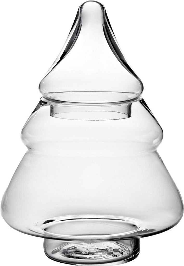 A clear glass object shaped like a Christmas tree, on a white background.