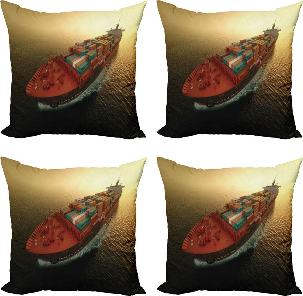 ABAKUHAUS maritim Kissenbezug Set (4 Stück), Containerschiff am Sonnenaufgang, Moderner Doppelseitiger Digitaldruck, 60 cm x 60 cm, Mehrfarbig