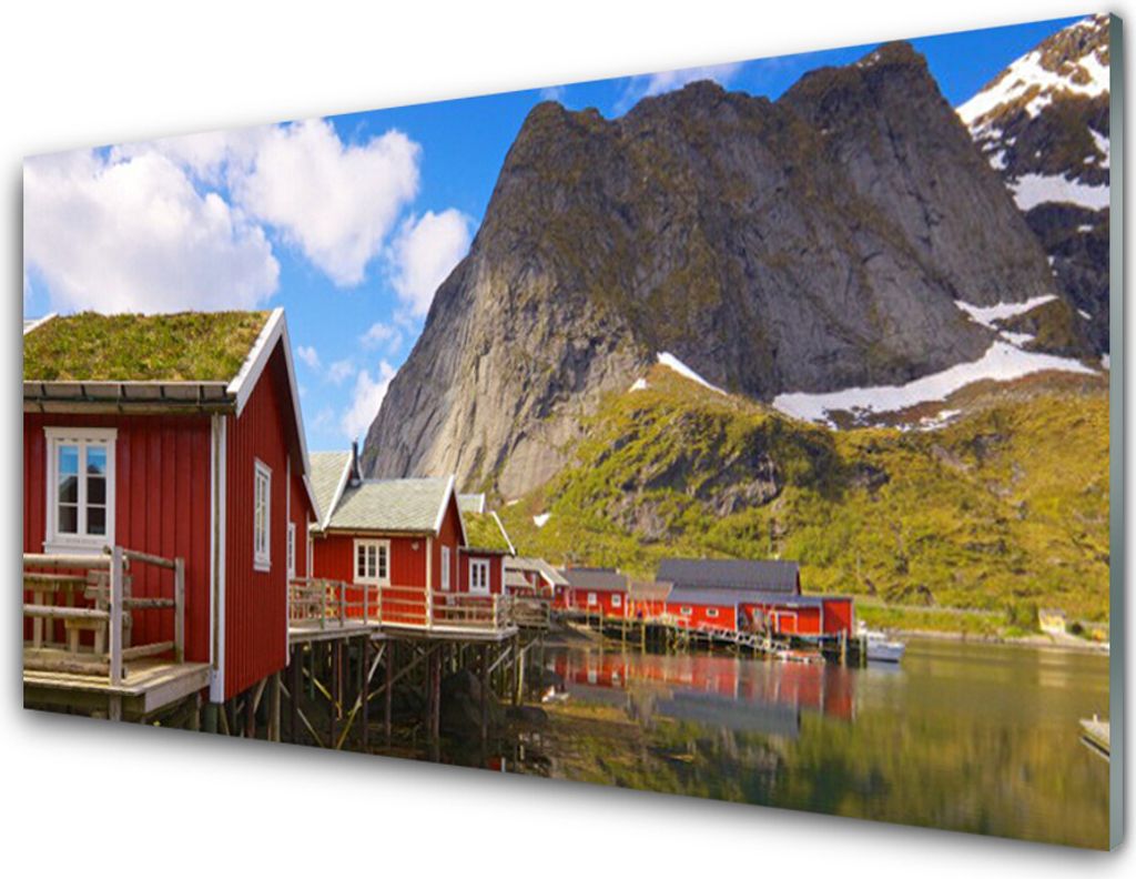 Küchenrückwand aus Glas 100x50cm Spritzschutz Häuser See Gebirge Landschaft