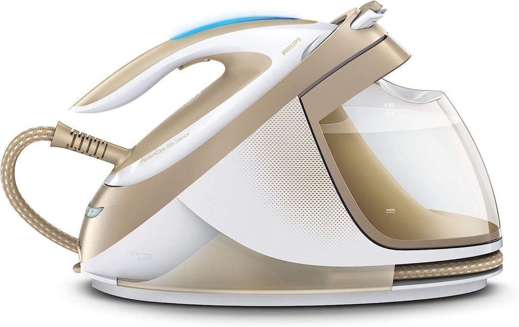 A steam generator iron with a gold and white finish, shown in profile against a white background.