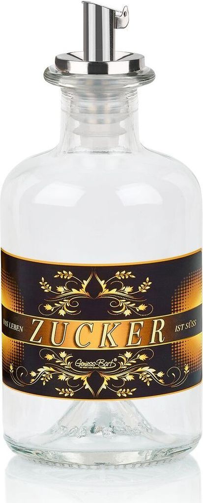 Zuckerstreuer aus Glas ZUCKER mit Geschenkbox & Edelstahl Ausgiesser leer Gold auf Schwarz