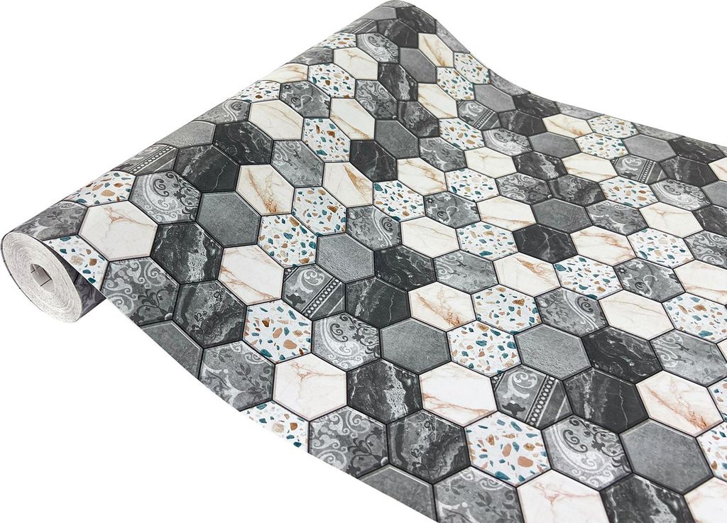 Klebefolie Möbel 45x240 cm - Sechskantfliesen - Selbstklebende Möbelfolie in Deko-Stil - Folie für Möbel ideal zum Renovieren von Schränken un...