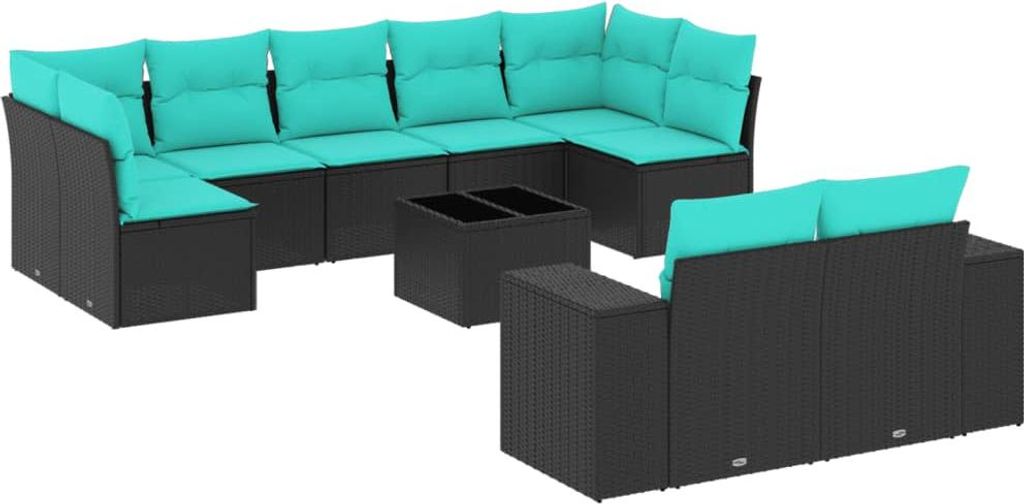 vidaXL 10-teiliges Gartensofa-Set mit Kissen, schwarzes Polyrattan