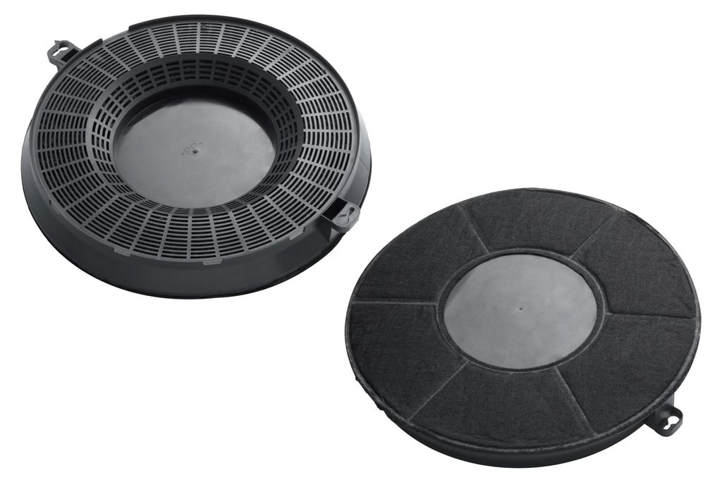 Two charcoal filters for a range hood, shown from a diagonal angle against a white background.