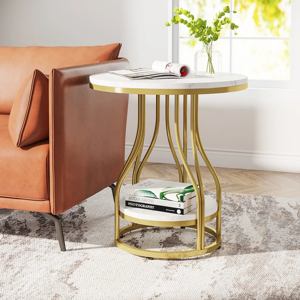 Table de Chevet Moderne Blanche et Dorée - Petite Table Ronde de Salon