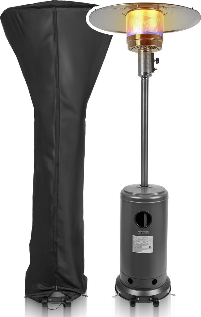 A patio heater and its cover are displayed against a white background.