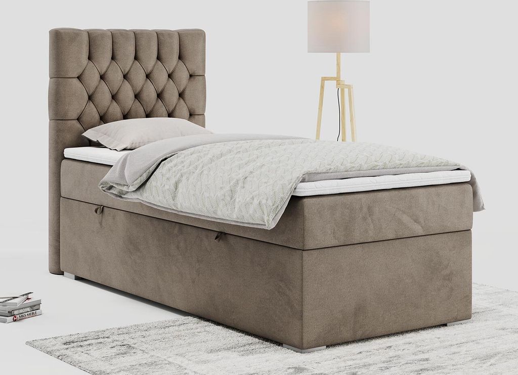 Einzelbett - Boxspringbett 90x200 mit Bettkasten und Matratzentopper - PERA 90 - links - Braun - H3