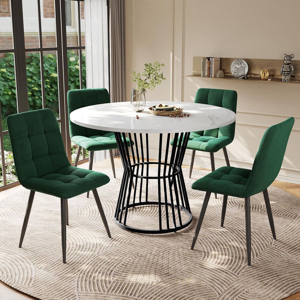 Fortuna Lai Esstisch-Set (5-teilig), Esstisch-Set mit 4 Stühlen, Küchentisch-Set, runder Esstisch mit 100 cm Durchmesser und schwarzen Metallbein...