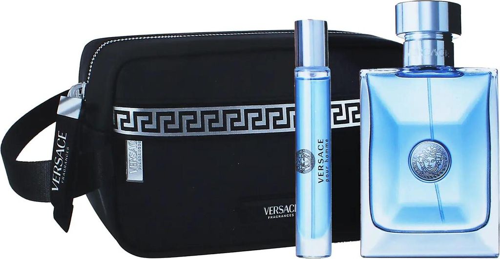 A Versace Pour Homme gift set including a toiletry bag, a travel-sized fragrance spray, and a full-sized fragrance bottle.