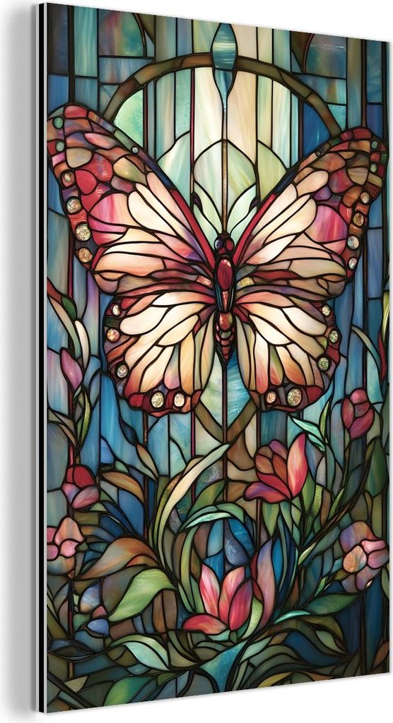 MuchoWow Wanddekoration Metall Metallbild Wandkunst 80x120 cm Schmetterling - Rosa - Blumen - Blätter MuchoWow Aluminium Gemälde - Bilder