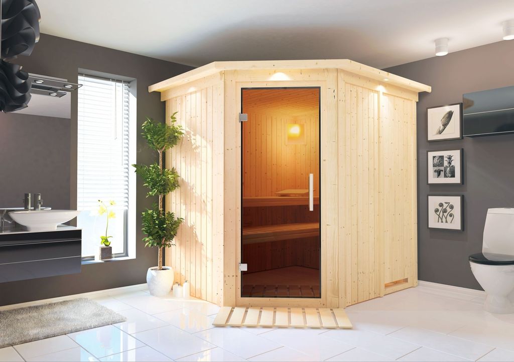 Karibu Sauna Innensauna Lilja Eckeinstieg Ofen 3,6 kW externe Strg.easy 210x184x202 cm mit Dachkranz mit Graphittür